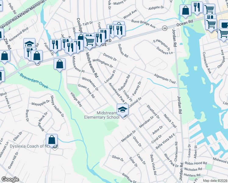 map of restaurants, bars, coffee shops, grocery stores, and more near 214 Arrowhead Park Drive in Brick Township