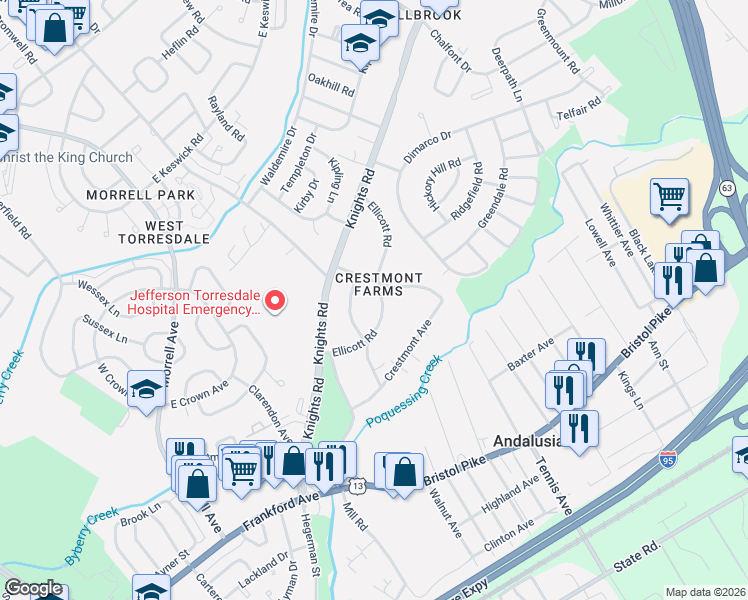 map of restaurants, bars, coffee shops, grocery stores, and more near 10840 Ellicott Road in Philadelphia