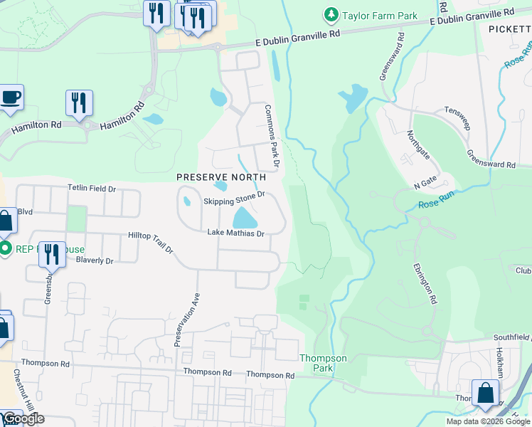 map of restaurants, bars, coffee shops, grocery stores, and more near 4434 Pond Lily Court in New Albany