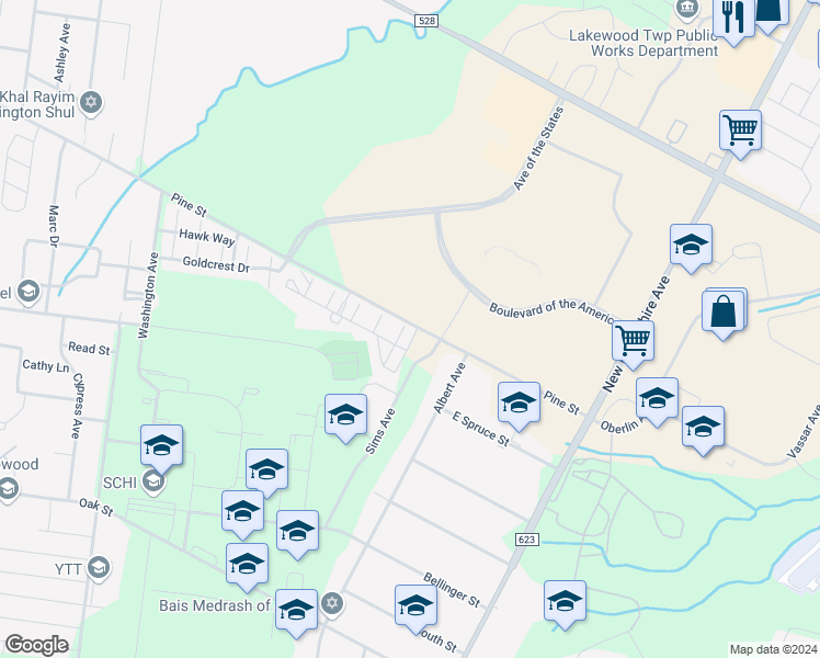 map of restaurants, bars, coffee shops, grocery stores, and more near 34a Eagle Lane in Lakewood