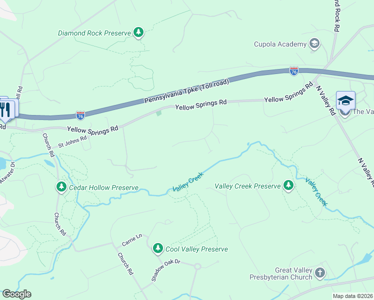 map of restaurants, bars, coffee shops, grocery stores, and more near 34 Salem Way in Malvern