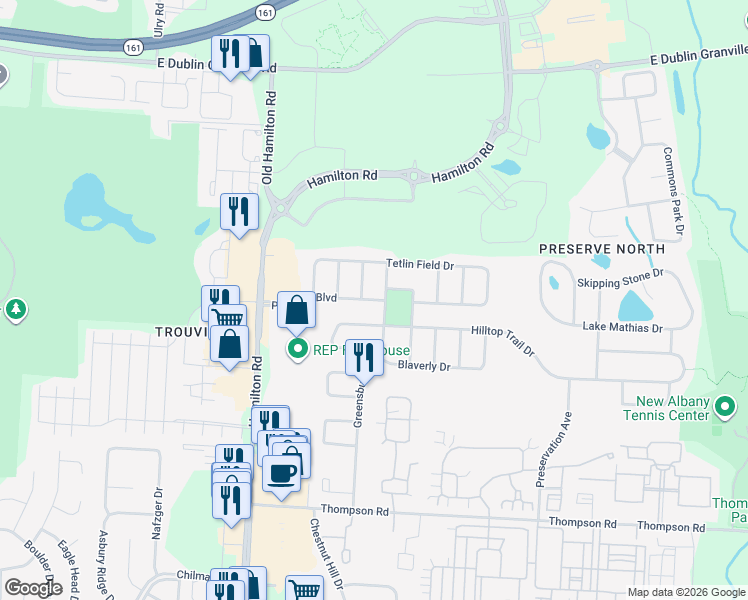 map of restaurants, bars, coffee shops, grocery stores, and more near 4463 Greensbury Drive in New Albany