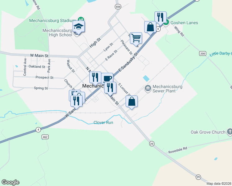 map of restaurants, bars, coffee shops, grocery stores, and more near 54 S Main St in Mechanicsburg