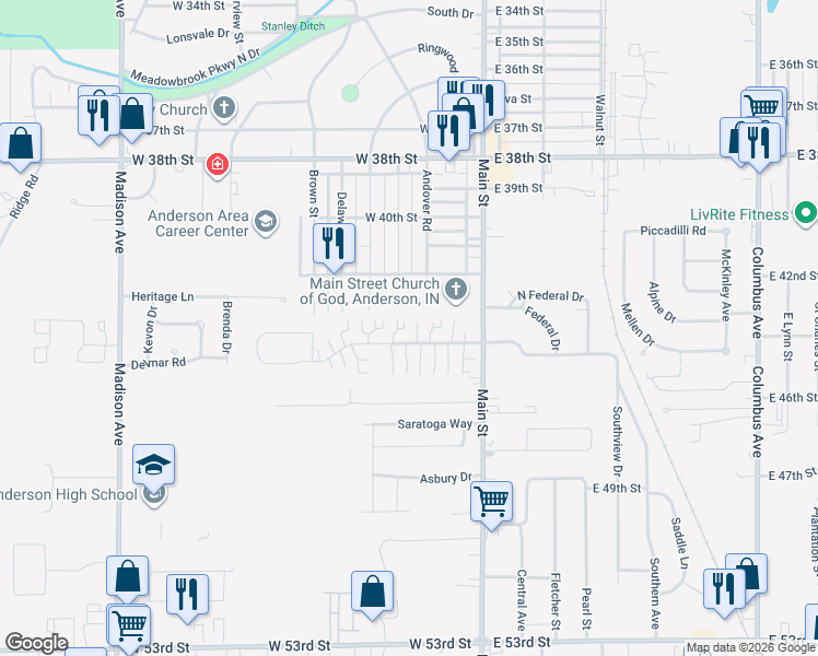 map of restaurants, bars, coffee shops, grocery stores, and more near 4329 Sussex Drive in Anderson
