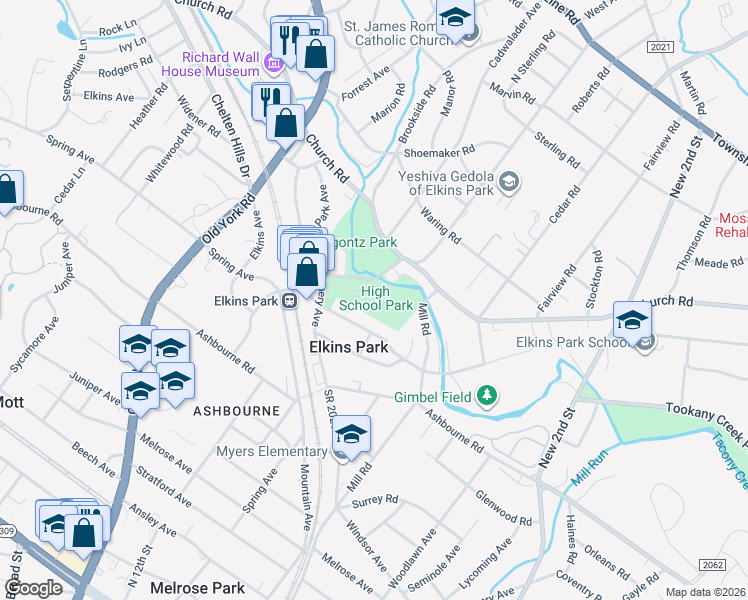 map of restaurants, bars, coffee shops, grocery stores, and more near 7851 Montgomery Avenue in Elkins Park