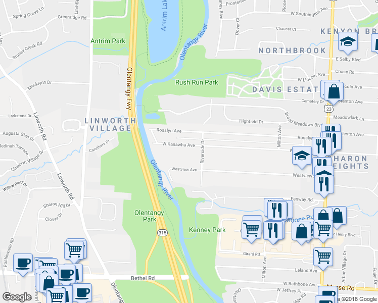 map of restaurants, bars, coffee shops, grocery stores, and more near 433 West Kanawha Avenue in Columbus