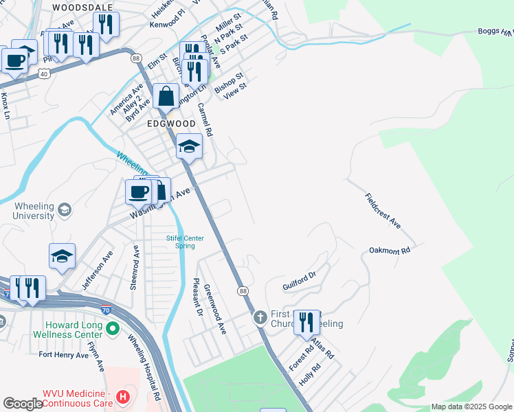 map of restaurants, bars, coffee shops, grocery stores, and more near 222 Carmel Road in Wheeling