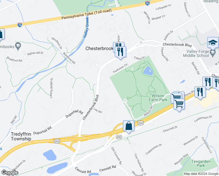 map of restaurants, bars, coffee shops, grocery stores, and more near 27 Flintlock Lane in Chesterbrook