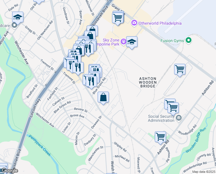 map of restaurants, bars, coffee shops, grocery stores, and more near 9203 Blue Grass Road in Philadelphia