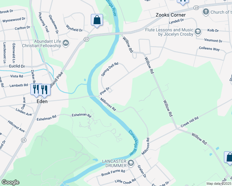 map of restaurants, bars, coffee shops, grocery stores, and more near 1926 Pine Drive in Lancaster