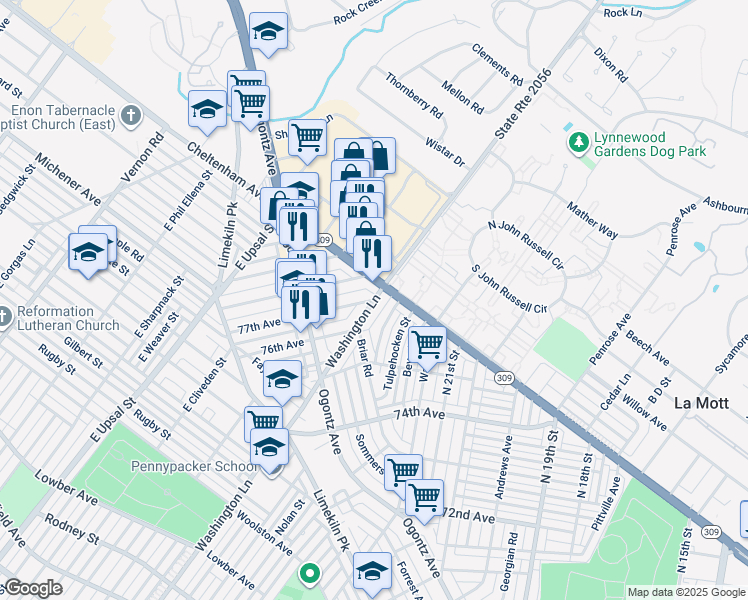map of restaurants, bars, coffee shops, grocery stores, and more near 2244 East Washington Lane in Philadelphia