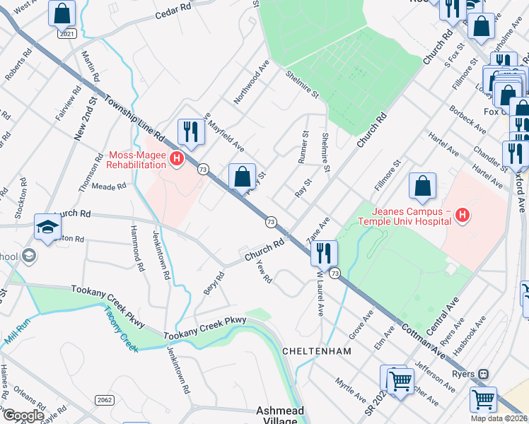 map of restaurants, bars, coffee shops, grocery stores, and more near in Elkins Park