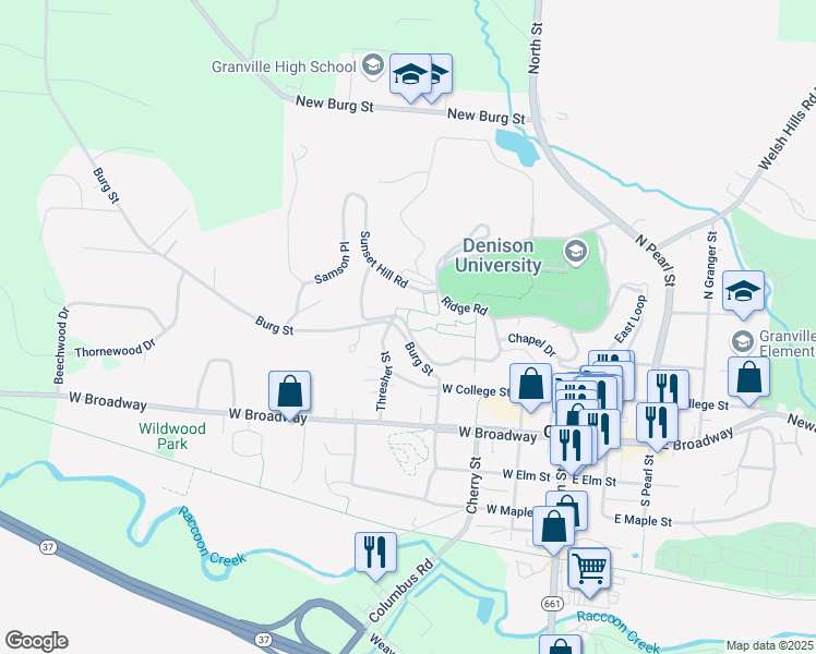 map of restaurants, bars, coffee shops, grocery stores, and more near West Loop in Granville
