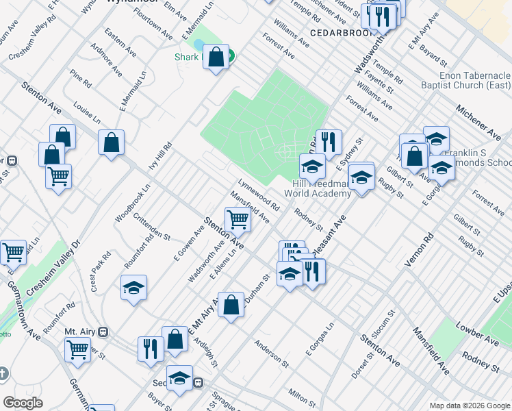 map of restaurants, bars, coffee shops, grocery stores, and more near 8333 Mansfield Avenue in Philadelphia