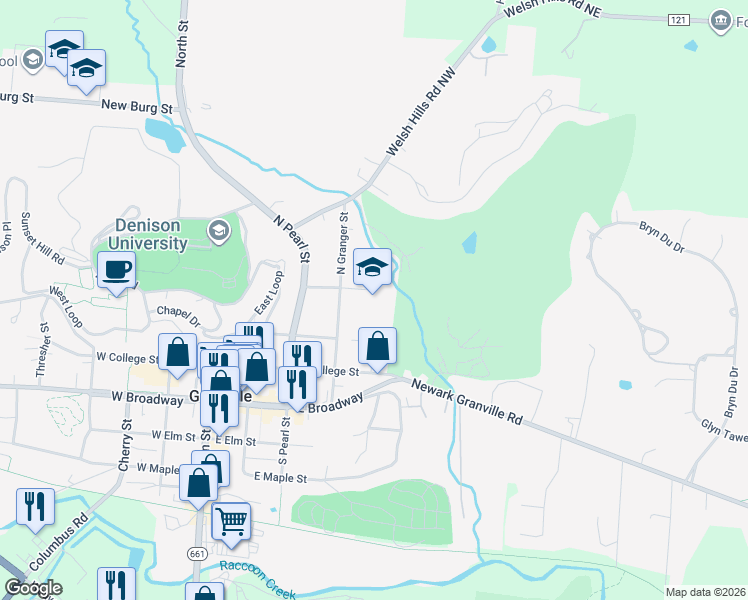 map of restaurants, bars, coffee shops, grocery stores, and more near 310 North Granger Street in Granville
