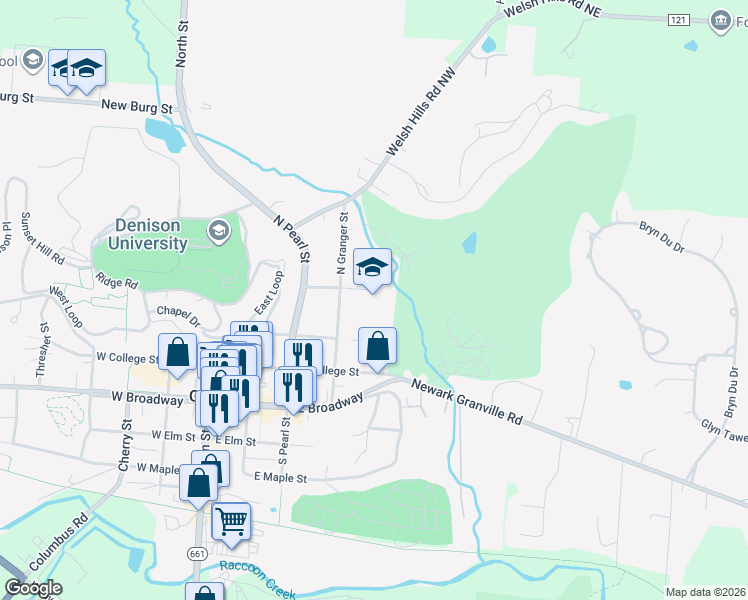 map of restaurants, bars, coffee shops, grocery stores, and more near 310 North Granger Street in Granville