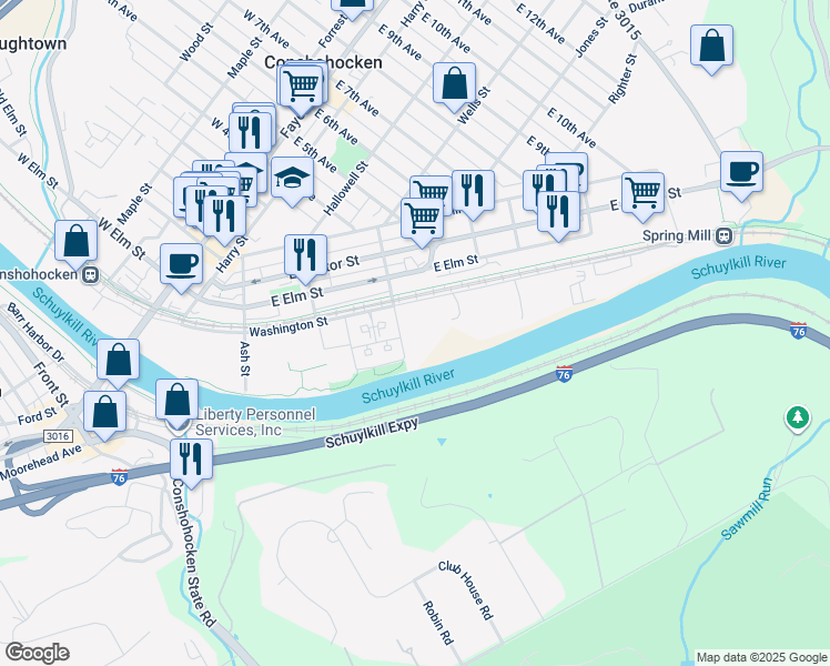 map of restaurants, bars, coffee shops, grocery stores, and more near 401 Washington Street in Conshohocken