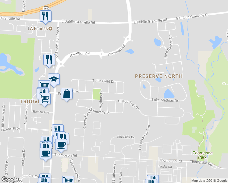 map of restaurants, bars, coffee shops, grocery stores, and more near 6153 Preve Ridge Drive in New Albany