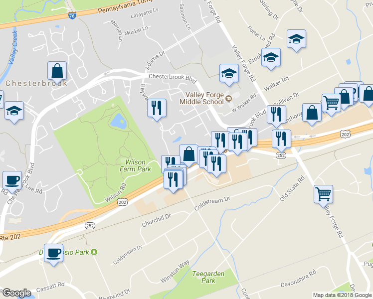 map of restaurants, bars, coffee shops, grocery stores, and more near 75 Le Forge Court in Chesterbrook