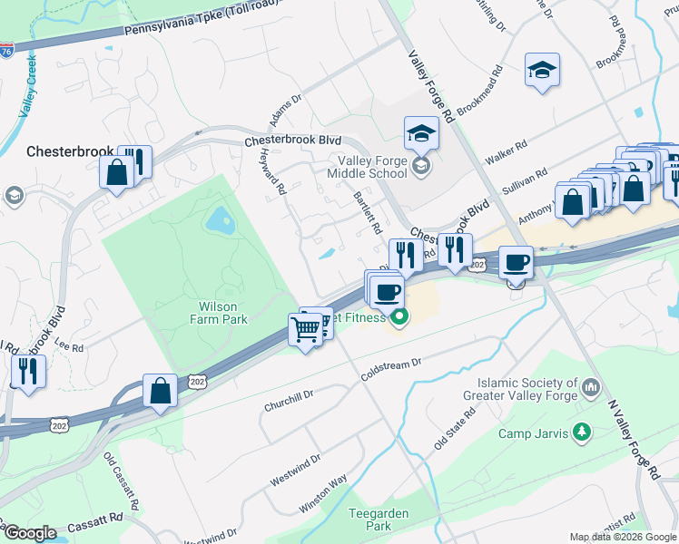 map of restaurants, bars, coffee shops, grocery stores, and more near 82 Le Forge Court in Chesterbrook
