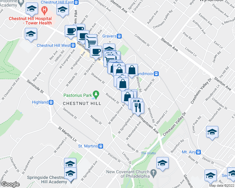 map of restaurants, bars, coffee shops, grocery stores, and more near 24 West Abington Avenue in Philadelphia