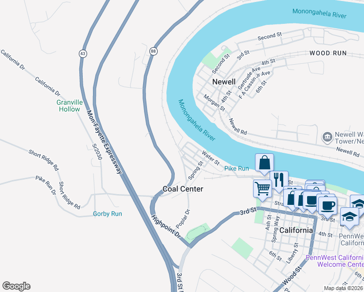 map of restaurants, bars, coffee shops, grocery stores, and more near 108 Green Street in Coal Center