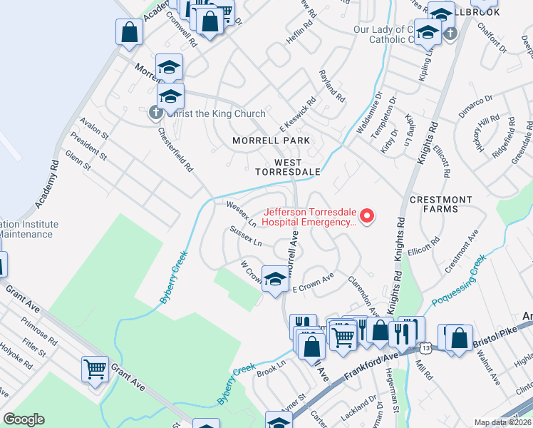 map of restaurants, bars, coffee shops, grocery stores, and more near 3528 Wessex Lane in Philadelphia