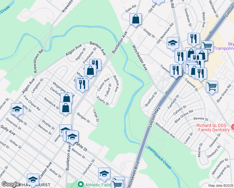 map of restaurants, bars, coffee shops, grocery stores, and more near 8537 Benton Avenue in Philadelphia