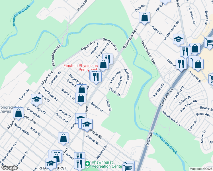 map of restaurants, bars, coffee shops, grocery stores, and more near 8522 Castor Avenue in Philadelphia
