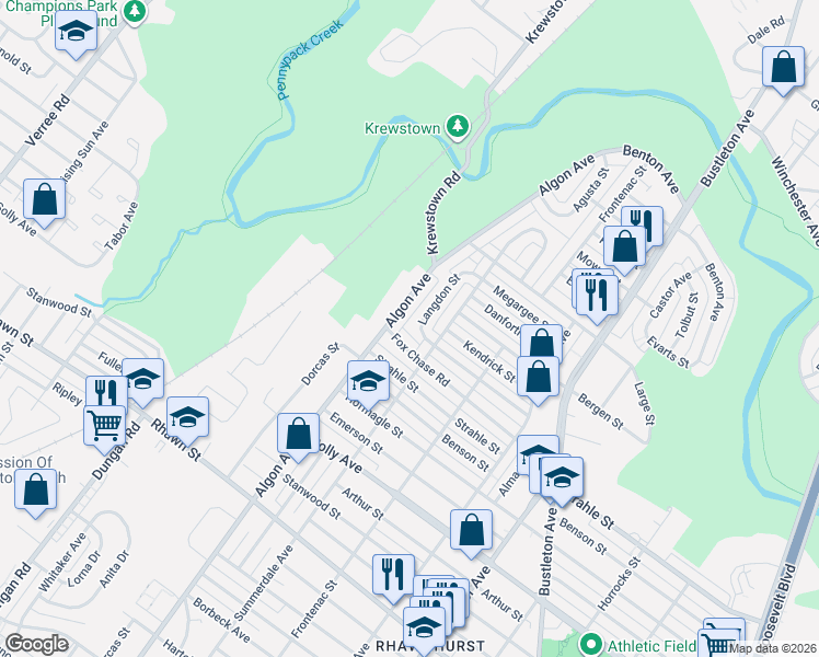 map of restaurants, bars, coffee shops, grocery stores, and more near 1615 Fox Chase Road in Philadelphia
