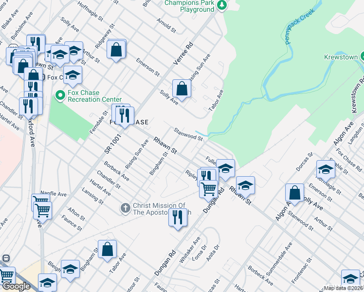 map of restaurants, bars, coffee shops, grocery stores, and more near 8015 Lawndale Street in Philadelphia