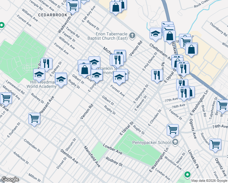 map of restaurants, bars, coffee shops, grocery stores, and more near 7943 Thouron Avenue in Philadelphia