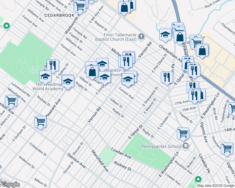 map of restaurants, bars, coffee shops, grocery stores, and more near 7943 Thouron Avenue in Philadelphia