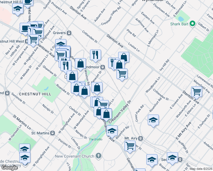 map of restaurants, bars, coffee shops, grocery stores, and more near 125 East Moreland Avenue in Philadelphia