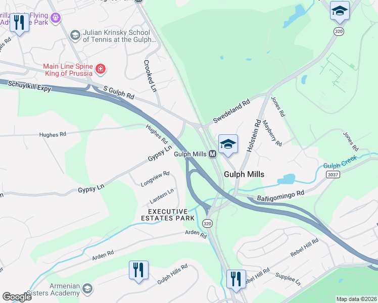 map of restaurants, bars, coffee shops, grocery stores, and more near 115 Gypsy Lane in King of Prussia