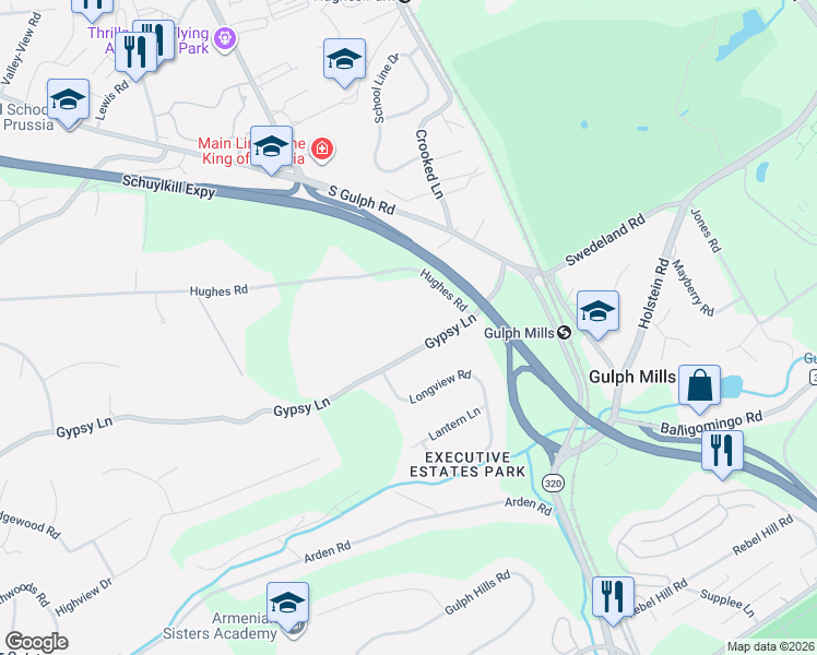 map of restaurants, bars, coffee shops, grocery stores, and more near 148 Gypsy Lane in King of Prussia