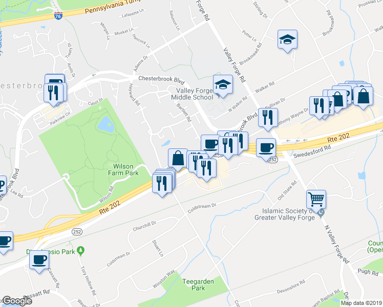 map of restaurants, bars, coffee shops, grocery stores, and more near 15 Le Forge Court in Chesterbrook