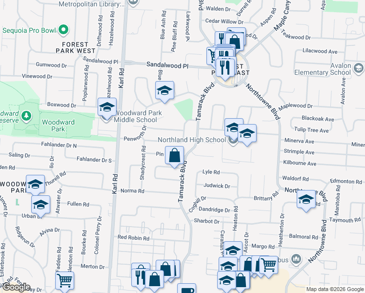 map of restaurants, bars, coffee shops, grocery stores, and more near 1766 Pin Oak Drive in Columbus