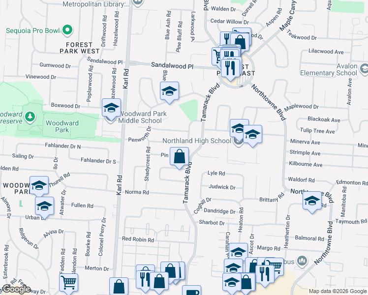 map of restaurants, bars, coffee shops, grocery stores, and more near 1766 Pin Oak Drive in Columbus