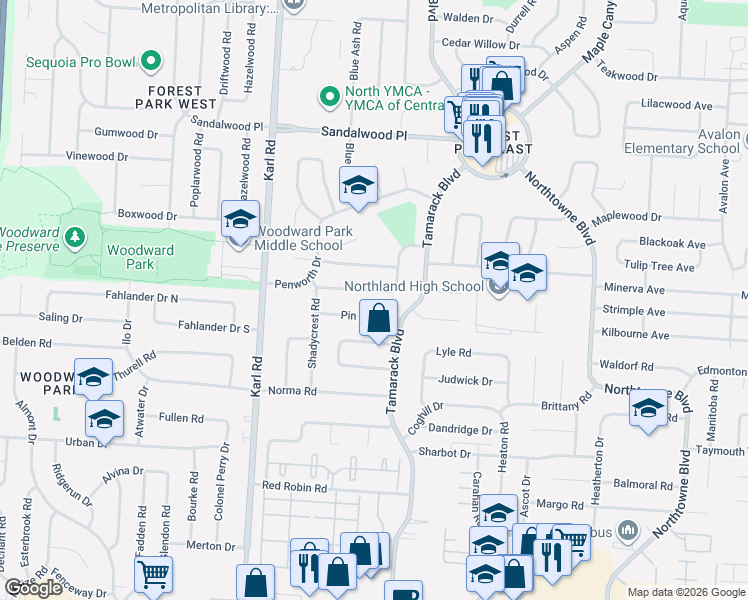 map of restaurants, bars, coffee shops, grocery stores, and more near 1766 Pin Oak Drive in Columbus