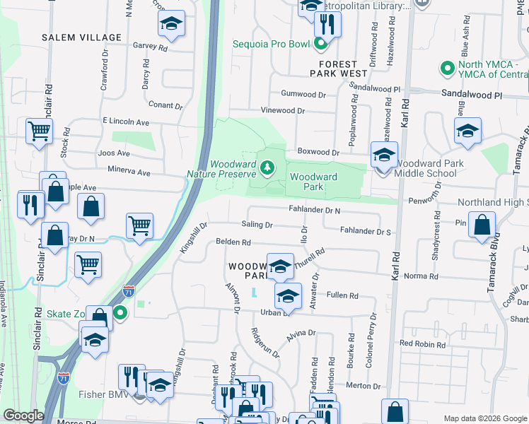 map of restaurants, bars, coffee shops, grocery stores, and more near 1262 Saling Drive in Columbus