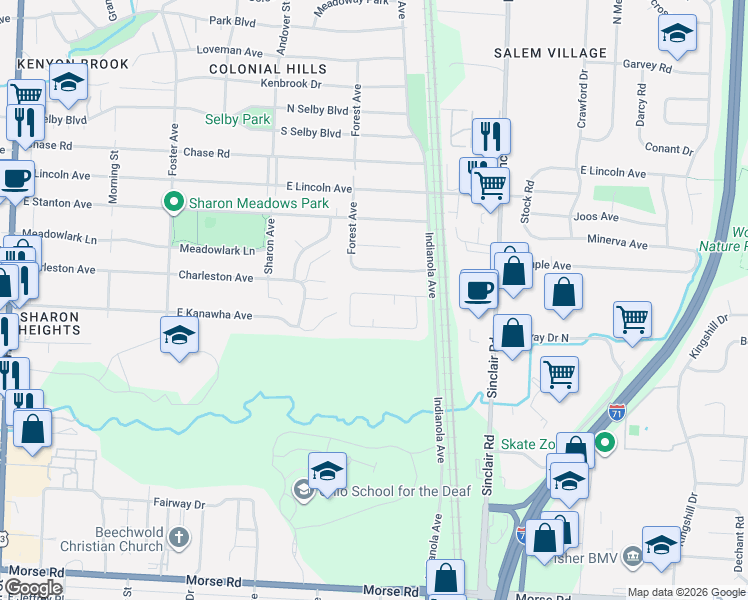 map of restaurants, bars, coffee shops, grocery stores, and more near 5208 Hitesman Way in Columbus