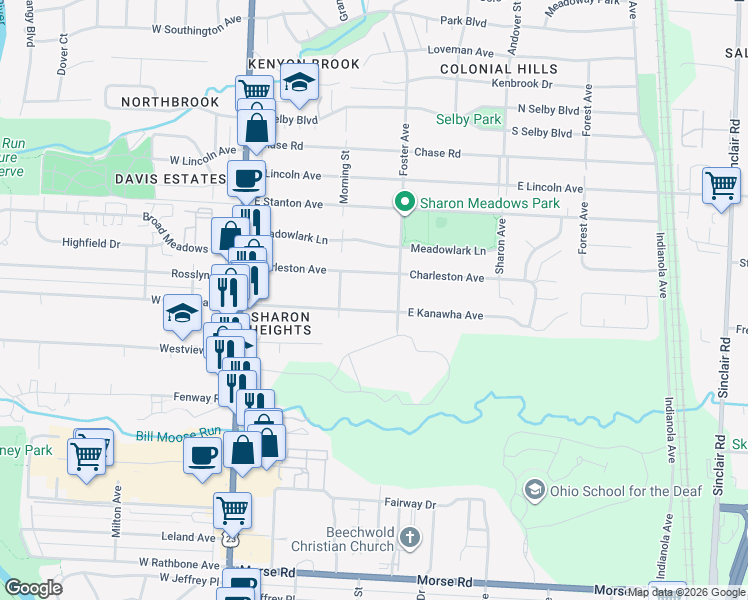 map of restaurants, bars, coffee shops, grocery stores, and more near 214 East Kanawha Avenue in Columbus