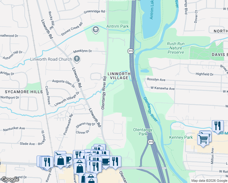 map of restaurants, bars, coffee shops, grocery stores, and more near 777 Caruthers Drive in Columbus