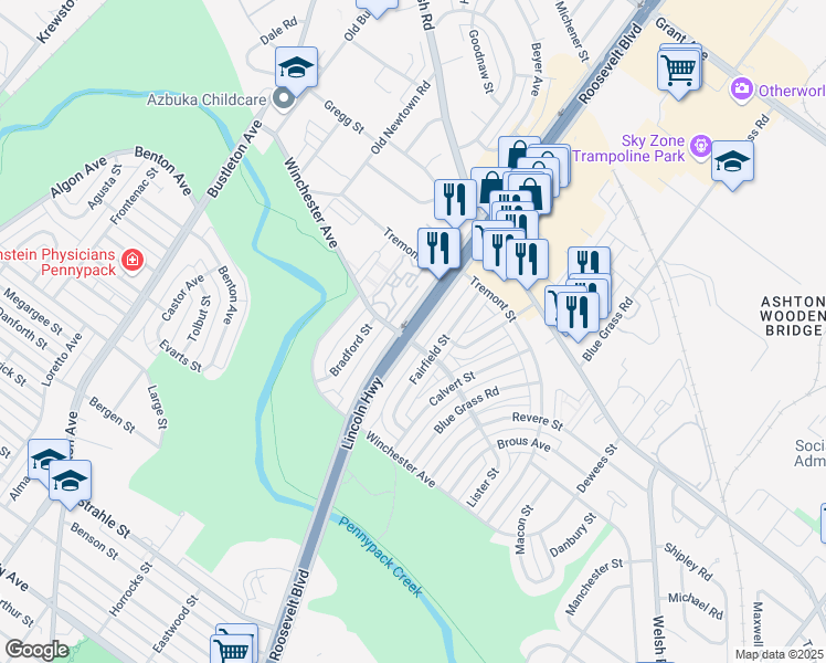 map of restaurants, bars, coffee shops, grocery stores, and more near East Roosevelt Boulevard in Philadelphia