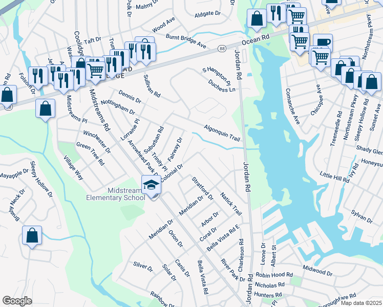 map of restaurants, bars, coffee shops, grocery stores, and more near 203 Colonial Drive in Brick Township