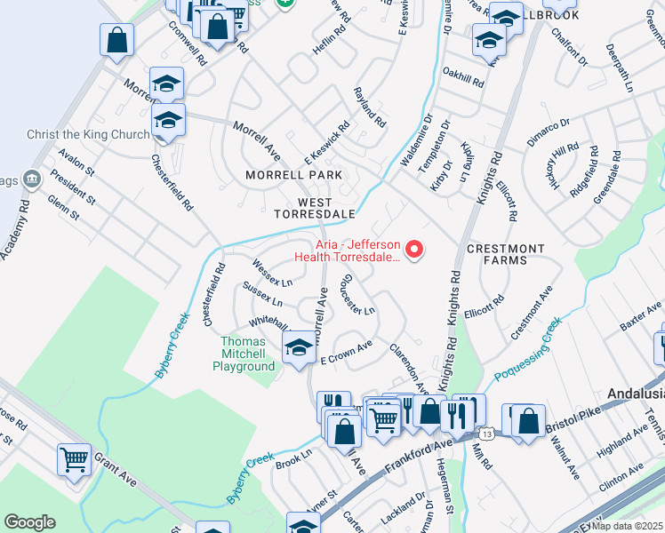 map of restaurants, bars, coffee shops, grocery stores, and more near 3505 Morrell Avenue in Philadelphia