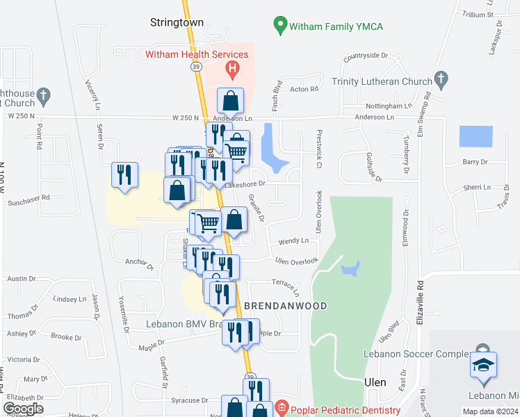 map of restaurants, bars, coffee shops, grocery stores, and more near 2306 Granite Drive in Lebanon