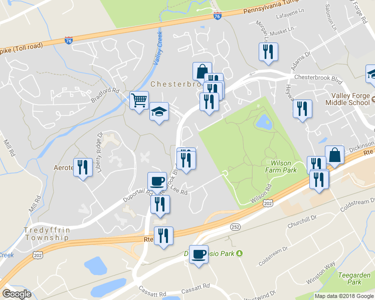 map of restaurants, bars, coffee shops, grocery stores, and more near 1 Flintlock Lane in Chesterbrook
