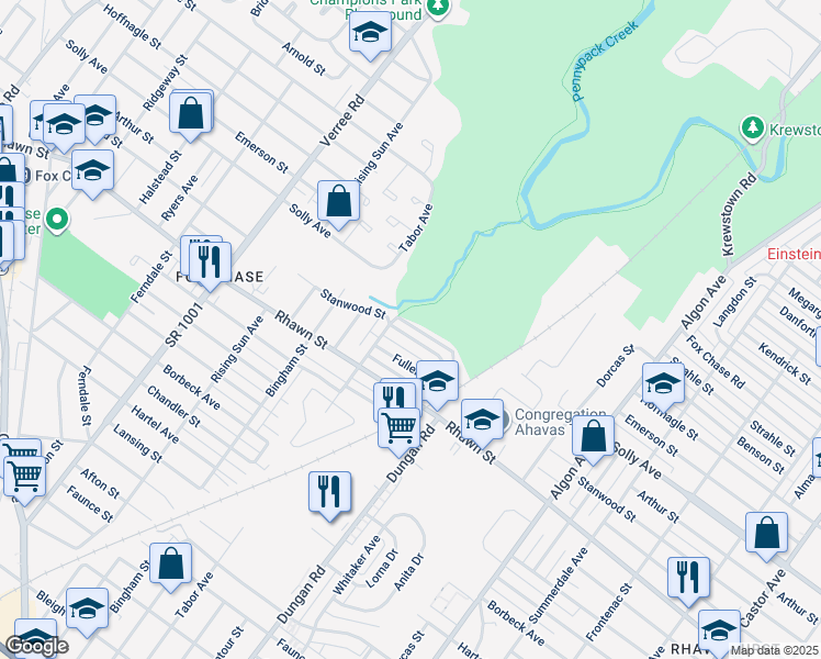 map of restaurants, bars, coffee shops, grocery stores, and more near 1215 Stanwood Street in Philadelphia